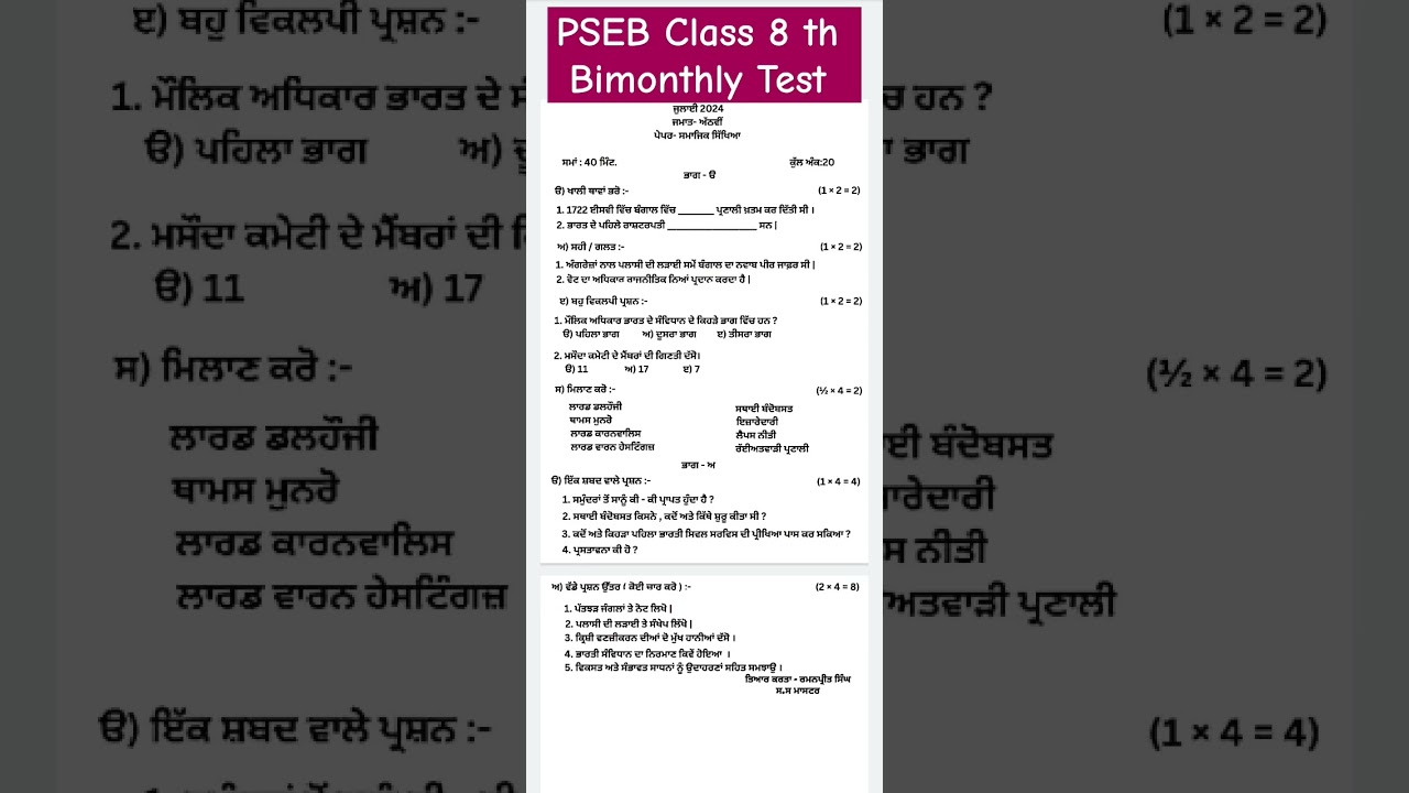 Bimonthly Class 8th Social Science july test 2025 
