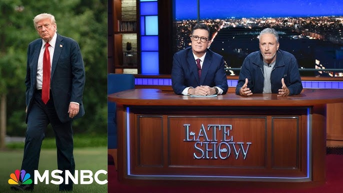 Not the moment to give in': Jon Stewart, late-night comics blast Trump over  Colbert cancellation - YouTube
