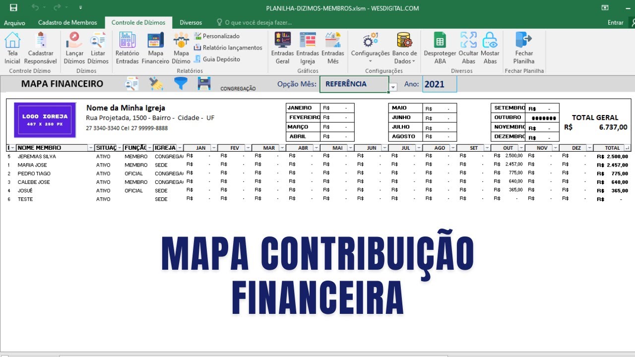 MAPA DE CONTRIBUIÇÃO - PLANILHA CADASTRO DE MEMBROS E CONTROLE DE DÍZIMOS