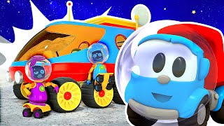 Leo the truck and friends build a moon rover, a telescope and street vehicles. Cartoons for kids.