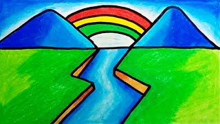 How To Draw Rainbow Scenery Easy For Beginners |Drawing Rainbow Scenery Step By Step