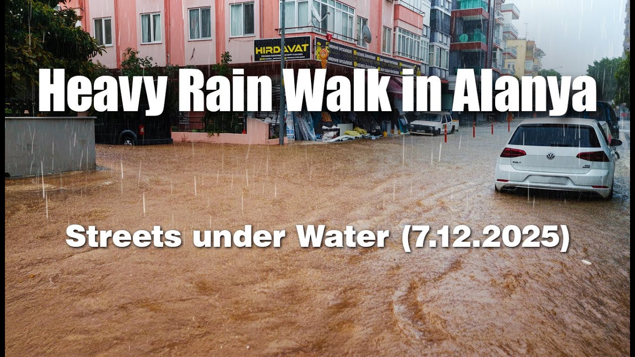 Прогулка под сильным ливнем по затопленной Аланье (7.12.2025) 4K | Естественные звуки дождя и города