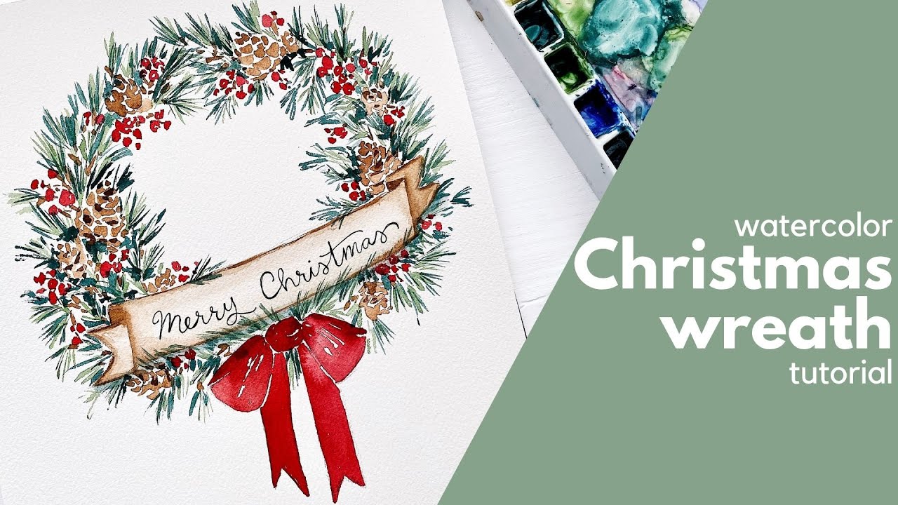 Watercolor Christmas wreath - holiday card tutorial - YouTube