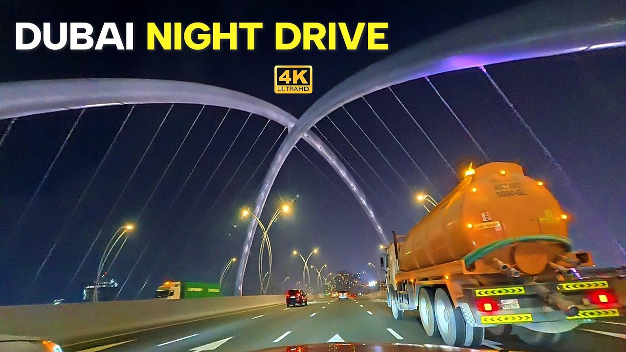 DUBAI NIGHT DRIVE FROM SHEIKH RASHID STREET TO WATERFRONT MARKET VIA INFINITY BRIDGE | 4K road tour