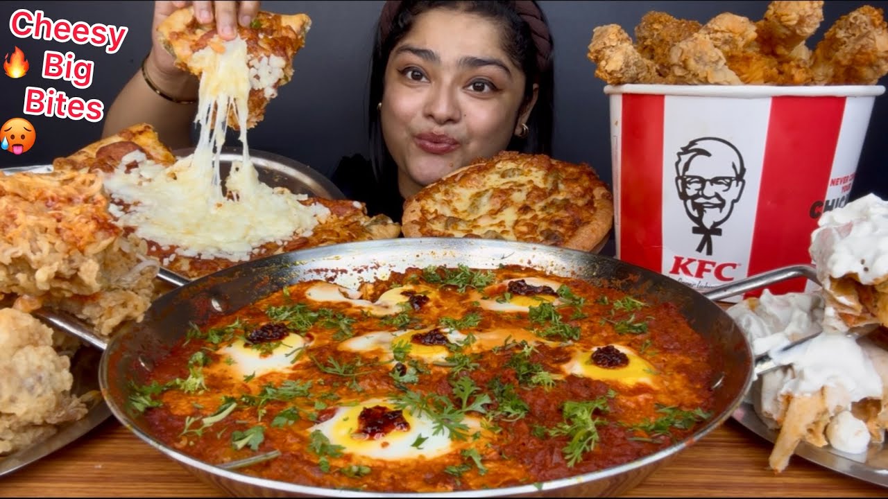 SPICY EGG SHAKSHUKA, KFC CHICKEN LEG PIECE BUCKET, CHEESY CHICKEN PIZZA, MALAI CHICKEN SHAWARMA 