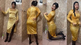 ⁣yellow Satin dress with pantyhose | wetlook