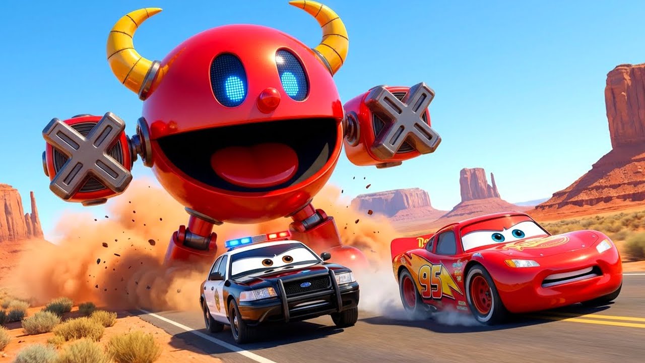 McQueen & Police Run from Evil Horned Pacman Robot – Mega Pacman Rescue!