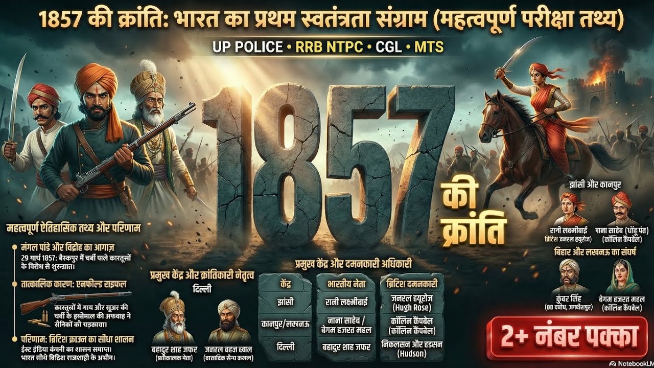 1857 की क्रांति (Revolt of 1857) भारतीय इतिहास का सबसे महत्वपूर्ण अध्याय है। 2026 @examlevel93 