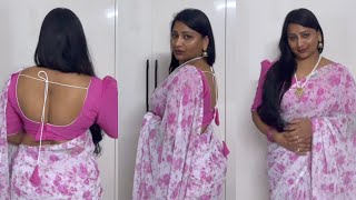Light Pink Floral Saree With Magenta Blouse Simple & Elegant Traditional Look Saree Lover