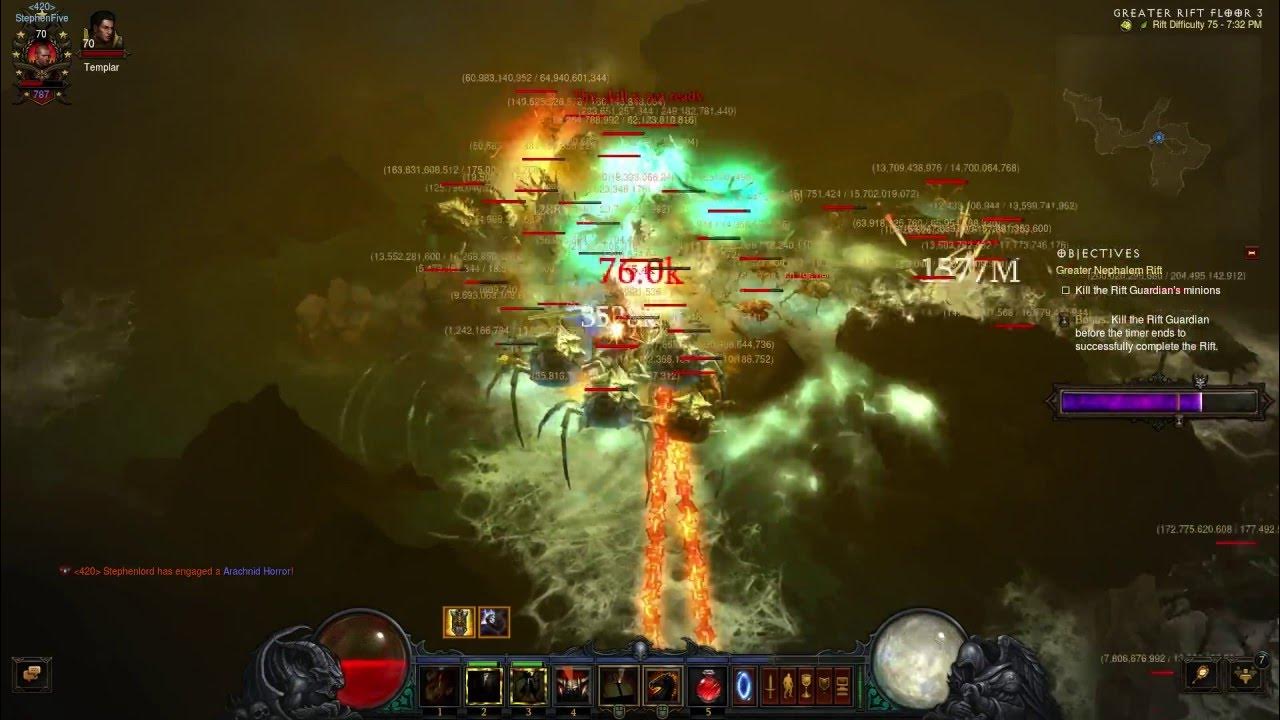 Crusader LoN Thorns Bombardment Solo Greater Rift 75 Diablo 3 Season 5