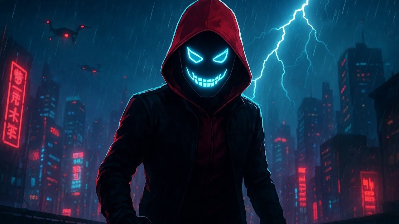 Red-hooded teen fights drones in neon rain. ⚡ 