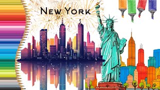 Coloring New York & Statue of Liberty using Alcohol Markers |Relaxing Cityscapes Coloring Book Pages