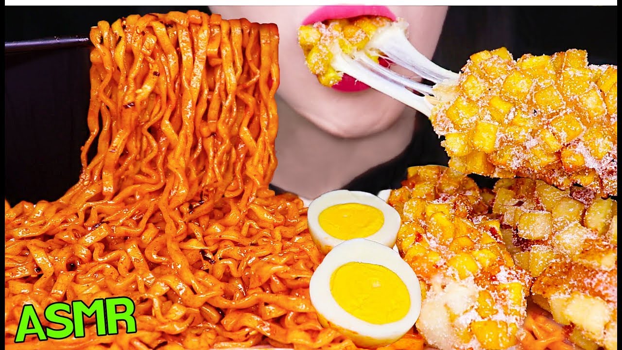 ASMR MOZZARELLA CHEESY CORN DOG + SAMYANG SPICY NOODLES 명랑 핫도그 + 불닭볶음면 먹방 EATING SOUNDS