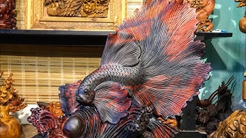 Tượng cá xiêm gỗ trắc đỏ đen sang trọng 0987336318