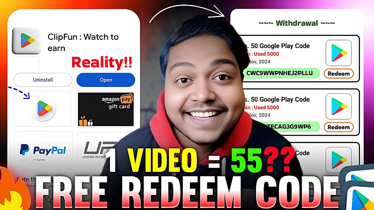 ClipFun App | Watch Video & Earn Free Redeem Code | Free Redeem Code App | Google Play Redeem Code