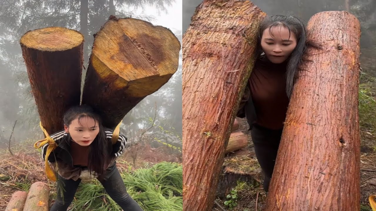 😱Toughest work|Chinese Girls Cut & Carry Heavy Wood to home|Daily rural life in China Remote Village