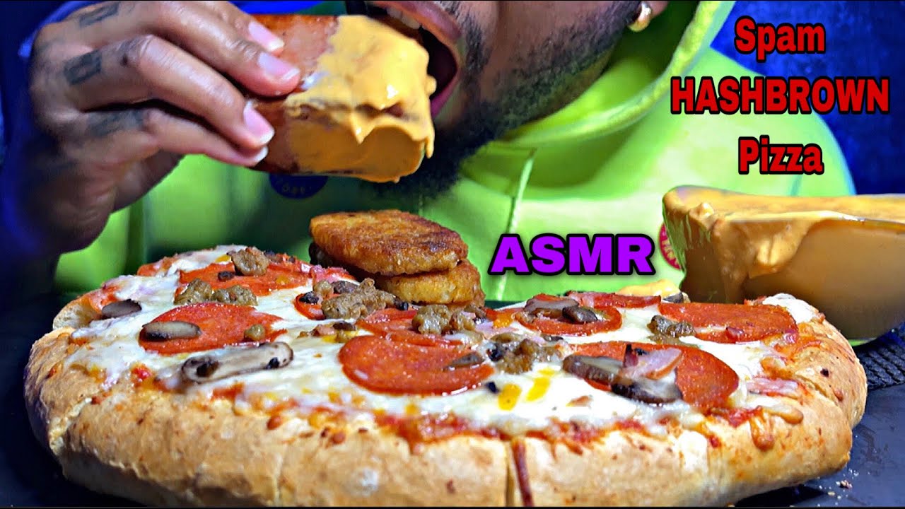 ASMR CHEESY SPAM PEPPERONI PIZZA & HASHBROWNS | MUKBANG