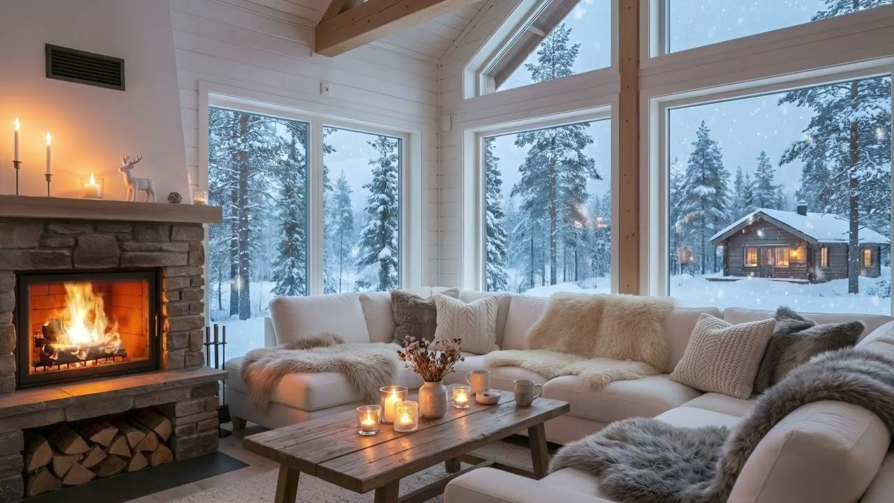 🌸Cozy Snowy Piano Lounge | White Room Flowers & Fireplace for Calm Mind, Deep Sleep & Productivity 🎶