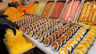 Traditional Korean food! It's so full I could burst. Korean Egg Omelette Gimbap / Korean street food