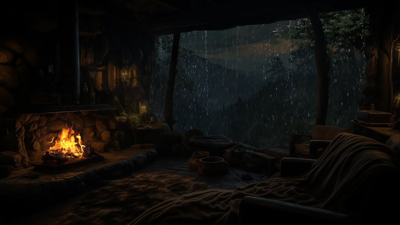 Shelter in a Cozy Forest Cave 🌧️ Rain, Thunder & Campfire Sounds for ...