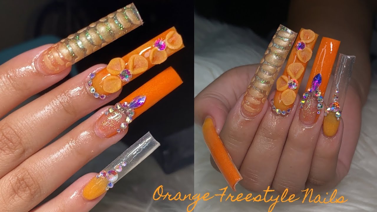 Orange Freestyle w/ Bling & 3D Flowers 🧡🔥 | Crocodile Nails | 3D Flower Nails | Orange Nails