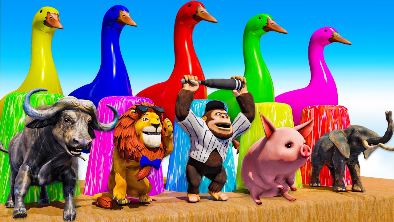 Long  Slide Game With Cow Elephant Gorilla Hippopotamus Giant Knight 3D Animal Game Funny 3D Animals