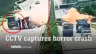 CCTV captures horror chain-reaction truck crash on highway in India