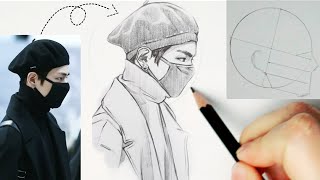 رسم BTS تاي (تايهيونغ) | كيف ارسم رجل كوري بكمامة خطوة خطوة | Kpop Bts V drawing easy