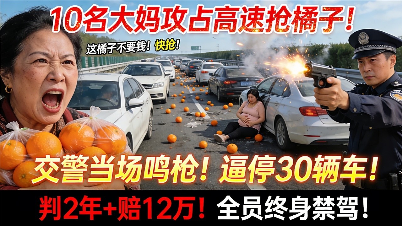 10名大妈冲上高速公路捡橘子！逼停30辆车！孕妇早产！交警鸣枪才散！'这橘子不要钱！'判2年+赔127000+终身禁驾+视频成驾校反面教材！
