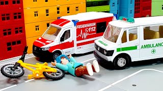 Ambulance response and rescue. Let's transport to Playmobil hospital. car toys play