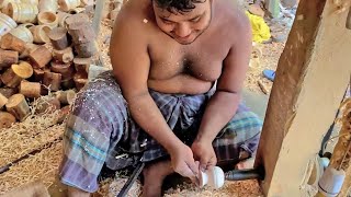 Healthy Young Boy Doing Craftsmanship On Wood For Making Toy Pitcher