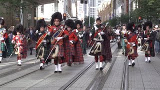 MASSED PIPE BANDS RETURN TO THE CENOTAPH ANZAC DAY 2023