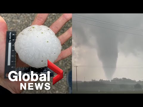 Severe weather in Alberta- Golf ball-sized hail smashes cars along major highway