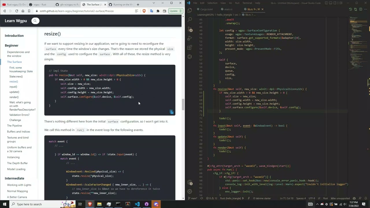 Learning WGPU and Rust | Part 4 | The Surface | State::resize() | Setting up window resizing
