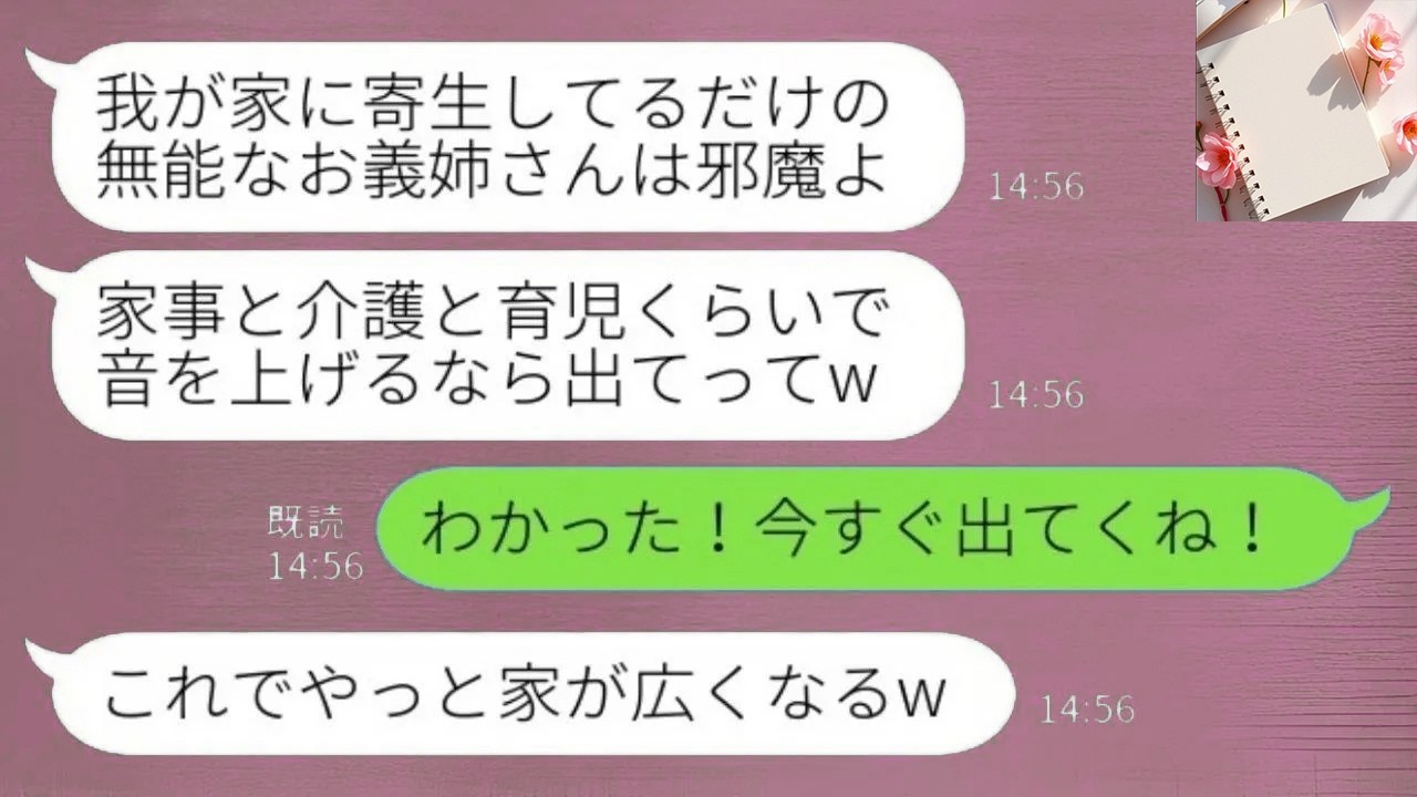 [LINE]家事も介護も育児も担う私に義妹「依存してるなら出てけw」私「今すぐ出るね」と即決。そのまま二度と戻らなかったwww