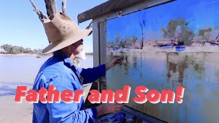 FATHER and SON Wilderness OIL PAINTING, Bushcraft/Camp Oven Cooking/Simple Living/primitive shelter!