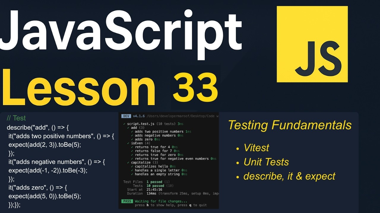JavaScript Lesson 33 | Testing Fundamentals | Vitest, Unit Tests ...