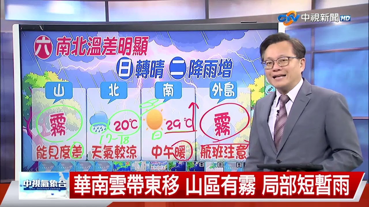 【立綱氣象報報】華南雲帶東移 山區有霧 局部短暫雨│中視晚間氣象 20260227