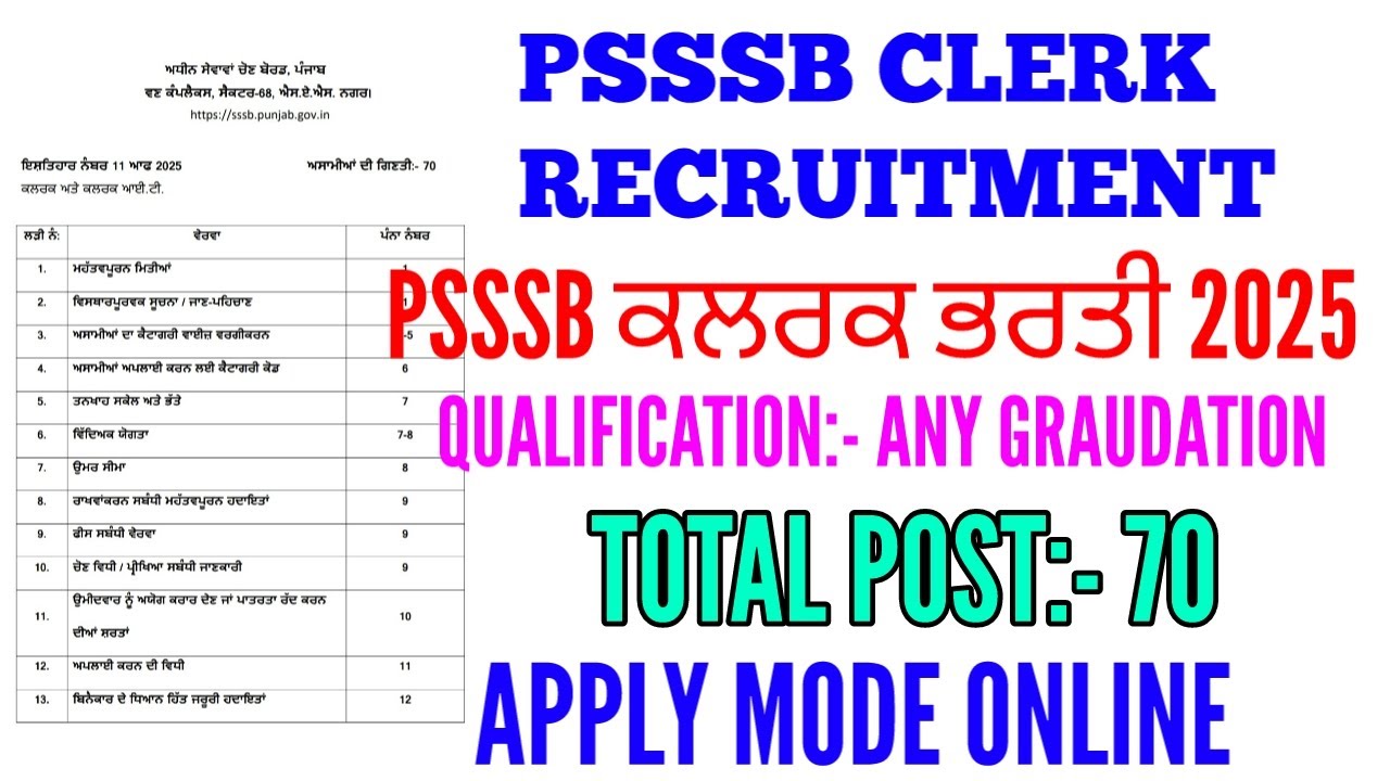 Psssb clerk recruitment 2025 | Psssb clerk online form 2025