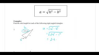 Yr 8 Measurement 2 - Pythagoras Theorem, finding the shorter side