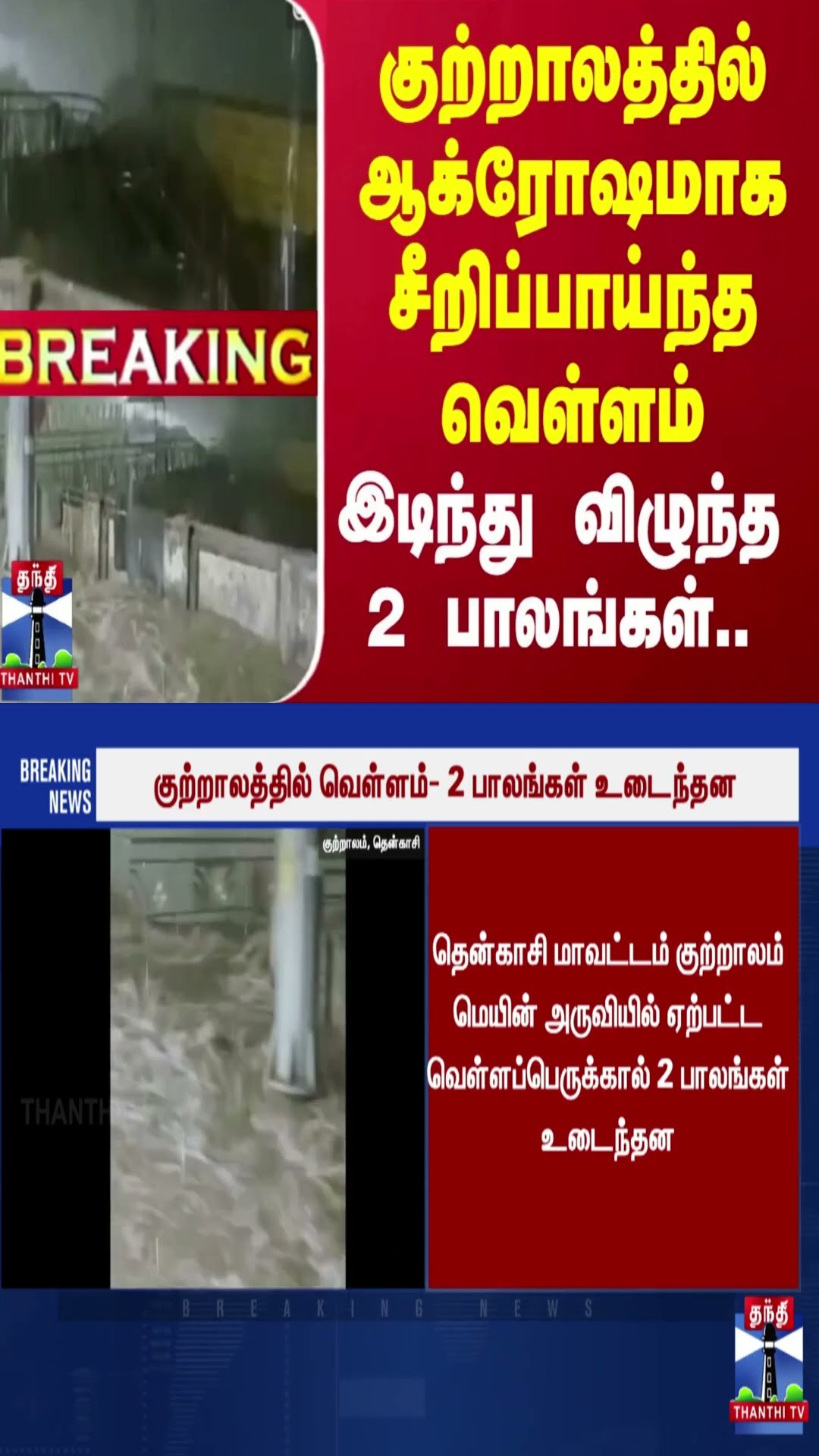 #BREAKING | குற்றாலத்தில் ஆக்ரோஷமாக சீறிப்பாய்ந்த வெள்ளம்- இடிந்து விழுந்த 2 பாலங்கள்..