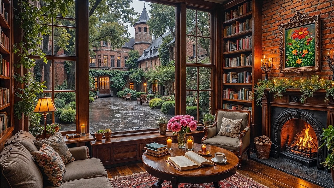 Cozy February Coffee Shop ☕ Relaxing Jazz Piano, Rain Sounds & Fireplace Sounds for Work & Focus