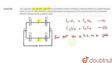 Four capacitors, C1, C2, C3, and C4, are connected as shown in the figure. A potential di fferen...