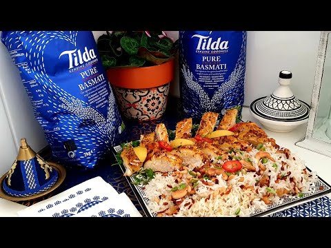 Basmati Rice with Nuts and Saffron Served with Oven-Roasted Chicken in an Amazing Marinade—Perfec...