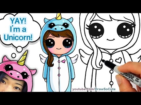 How To Draw Cute Girl In Unicorn Onesie Easy Youtube