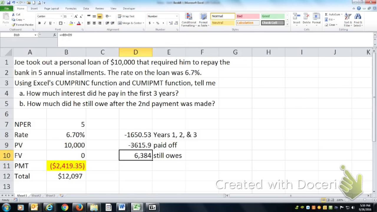 Using CUMPRINC and CUMIPMT functions YouTube
