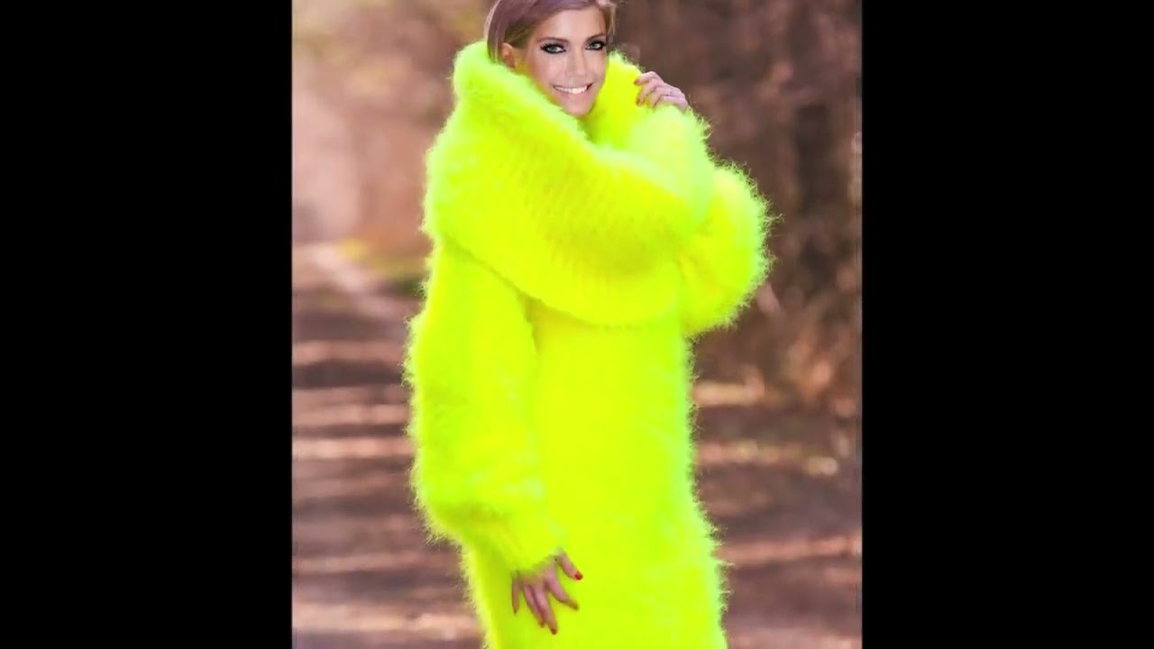 Sylvie   NEON YELLOW Hand Knitted Mohair Sweater Fuzzy Huge Cowlneck Dress