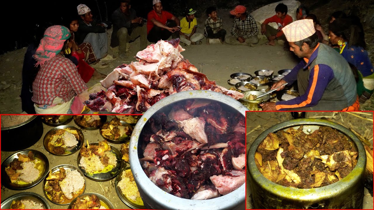 dharme brother is giving everyday BIG PARTY ||  Buff dinner party with rice to all villagers ||