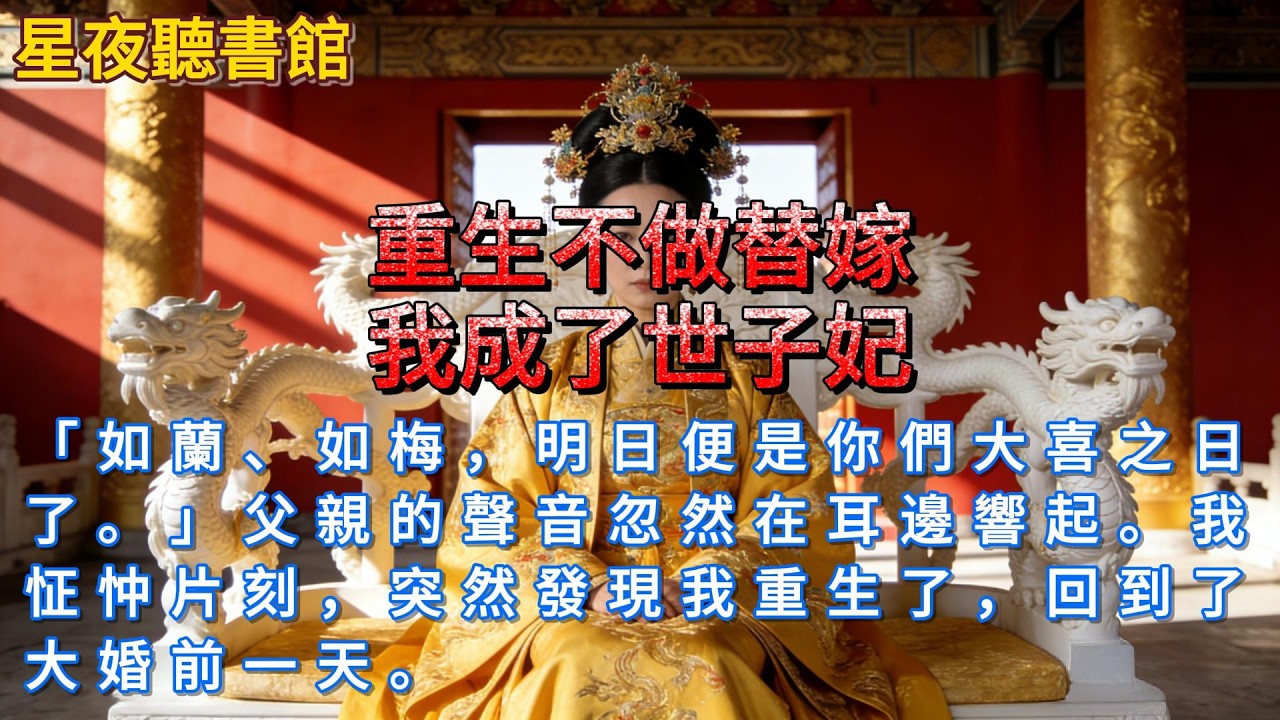 《重生不做替嫁：我成了世子妃》「如蘭、如梅，明日便是你們大喜之日了。」父親的聲音忽然在耳邊響起。我怔忡片刻，突然發現我重生了，回到了大婚前一天。#小說 #重生故事 #爽文 #一口氣看完 #中国短篇故事