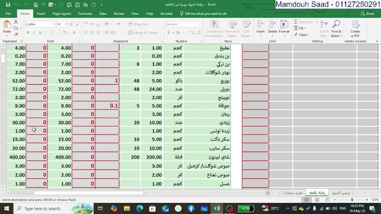 الرقابة اليومية على الخامات المستخدمة والباكينج في الكافيه والمطعم